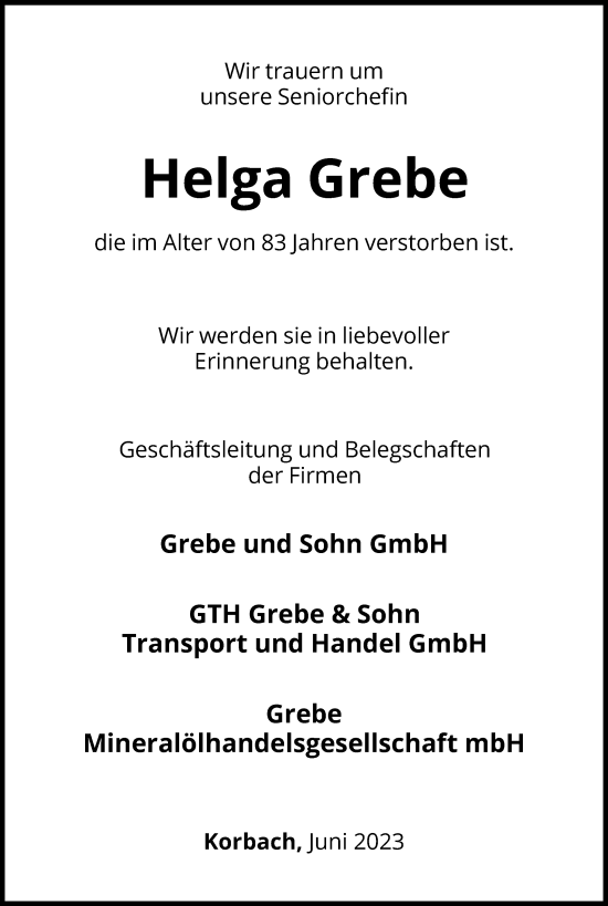 Traueranzeige von Helga Grebe von WLZ