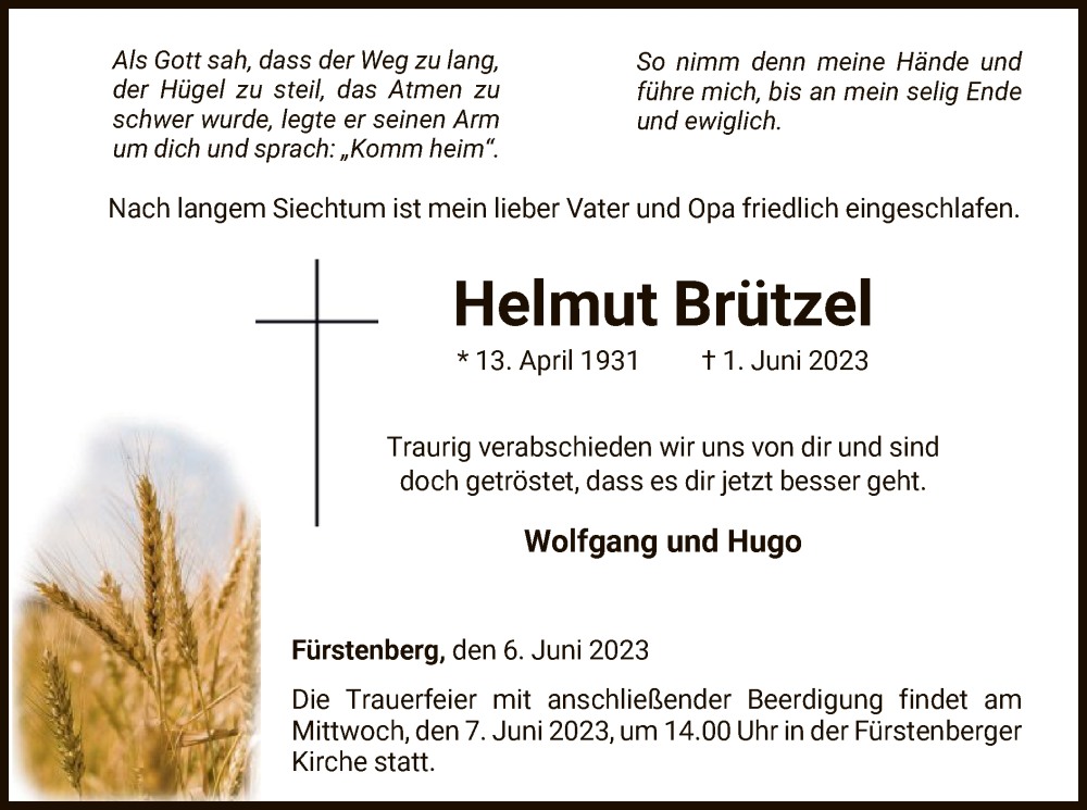  Traueranzeige für Helmut Brützel vom 06.06.2023 aus WLZ