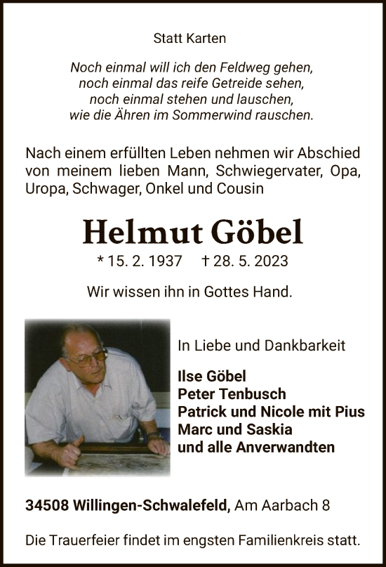 Traueranzeige von Helmut Göbel von WLZ