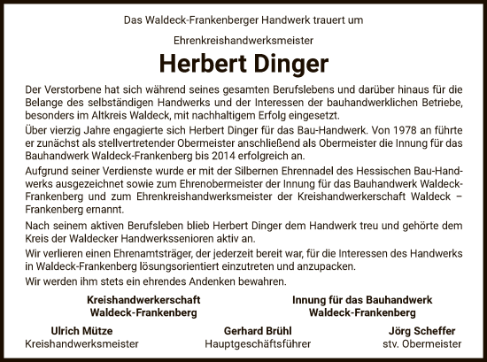 Traueranzeige von Herbert Dinger von WLZ