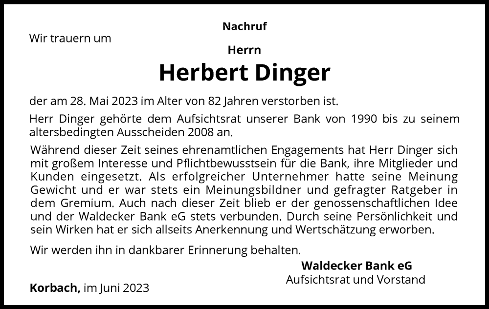  Traueranzeige für Herbert Dinger vom 07.06.2023 aus WLZ