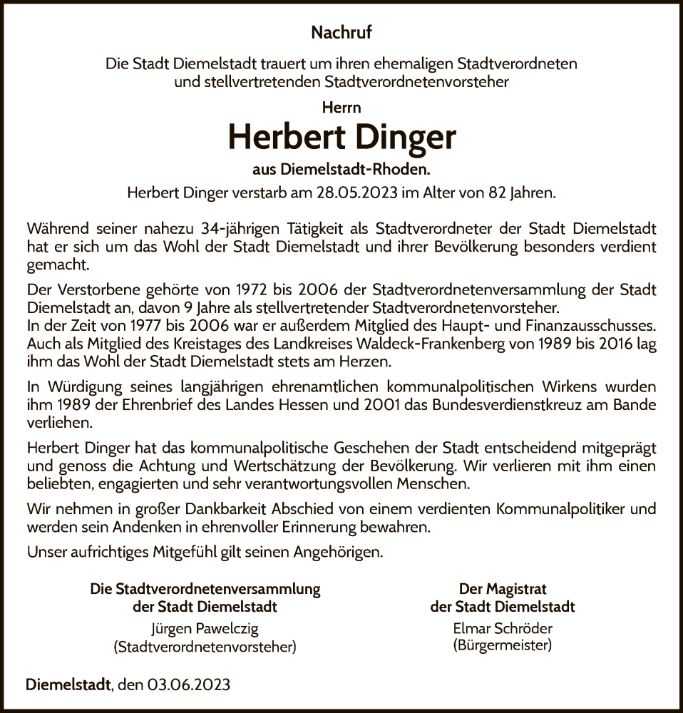  Traueranzeige für Herbert Dinger vom 03.06.2023 aus WLZ