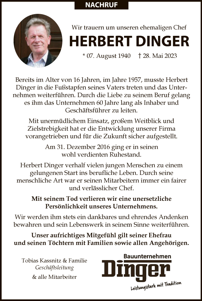  Traueranzeige für Herbert Dinger vom 03.06.2023 aus WLZ