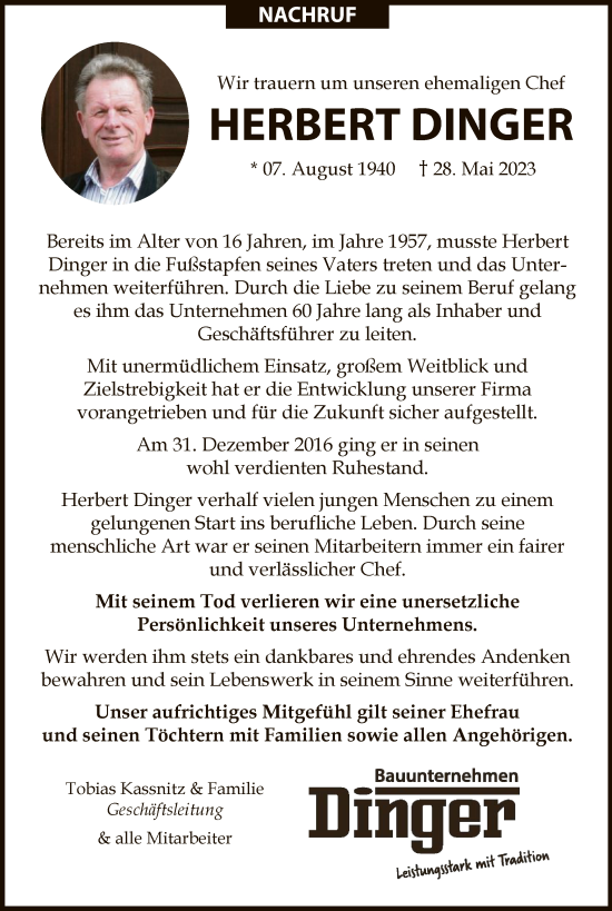 Traueranzeige von Herbert Dinger von WLZ