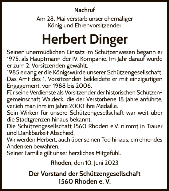 Traueranzeige von Herbert Dinger von WLZ