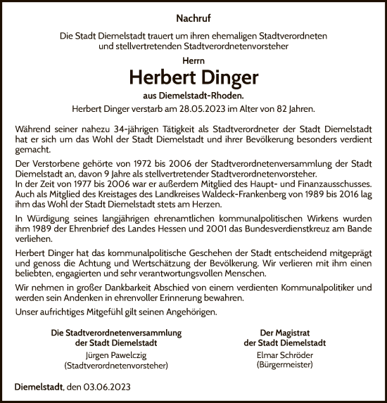 Traueranzeige von Herbert Dinger von WLZ