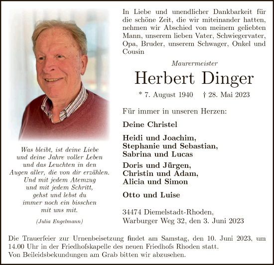 Traueranzeige von Herbert Dinger von WLZ