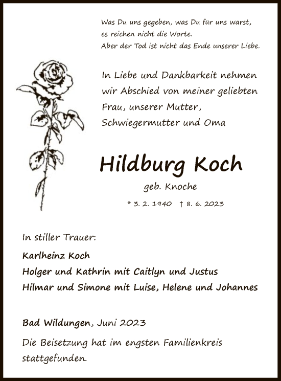 Traueranzeige von Hildburg Koch von WLZ