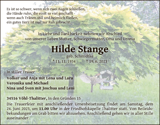 Traueranzeige von Hilde Stange von WLZ