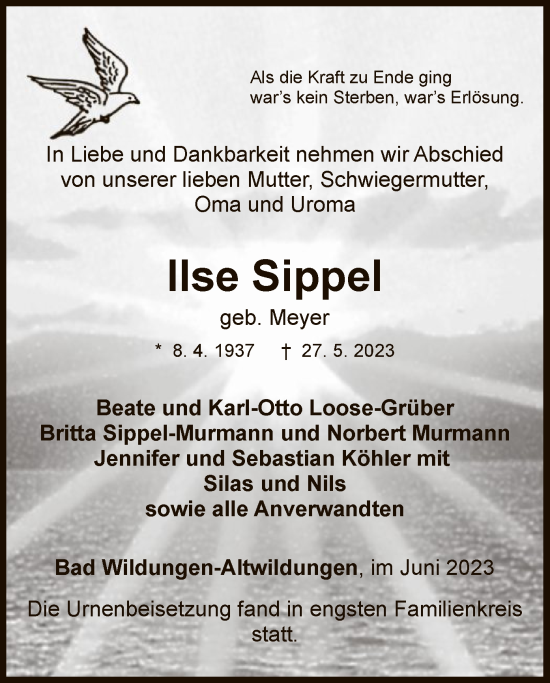 Traueranzeige von Ilse Sippel von WLZ