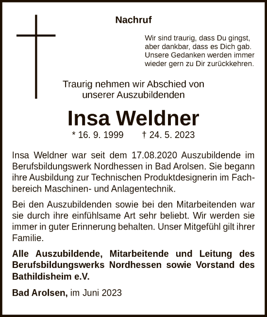 Traueranzeige von Insa Weldner von WLZ