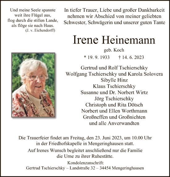 Traueranzeige von Irene Heinemann von WLZ