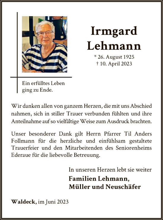 Traueranzeige von Irmgard Lehmann von WLZ