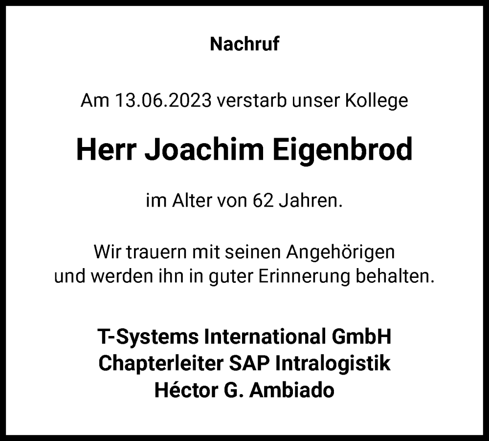  Traueranzeige für Joachim Eigenbrod vom 23.06.2023 aus WLZ