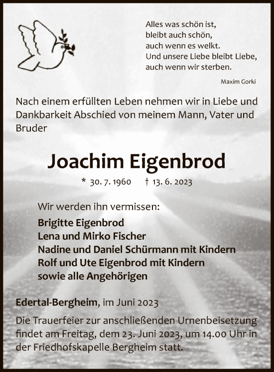 Traueranzeige von Joachim Eigenbrod von WLZ