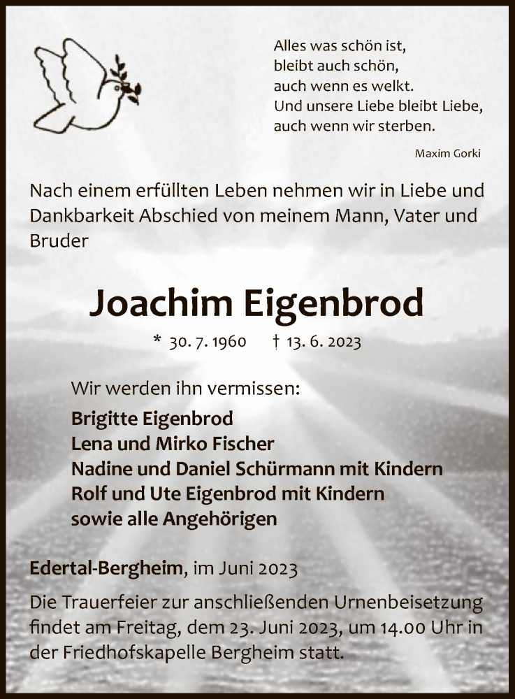  Traueranzeige für Joachim Eigenbrod vom 17.06.2023 aus WLZ