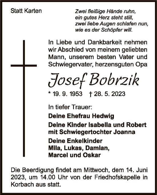Traueranzeige von Josef Bobrizik von WLZ