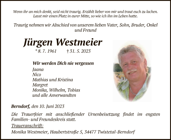 Traueranzeige von Jürgen Westmeier von WLZ