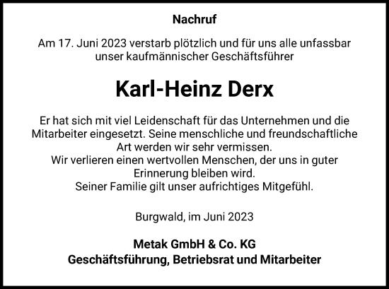 Traueranzeige von Karl-Heinz Derx von HNA