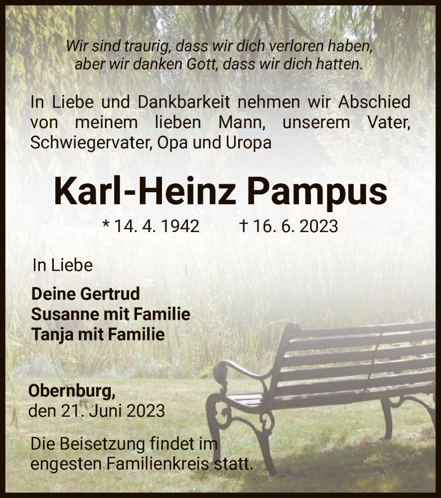  Traueranzeige für Karl-Heinz Pampus vom 21.06.2023 aus WLZ