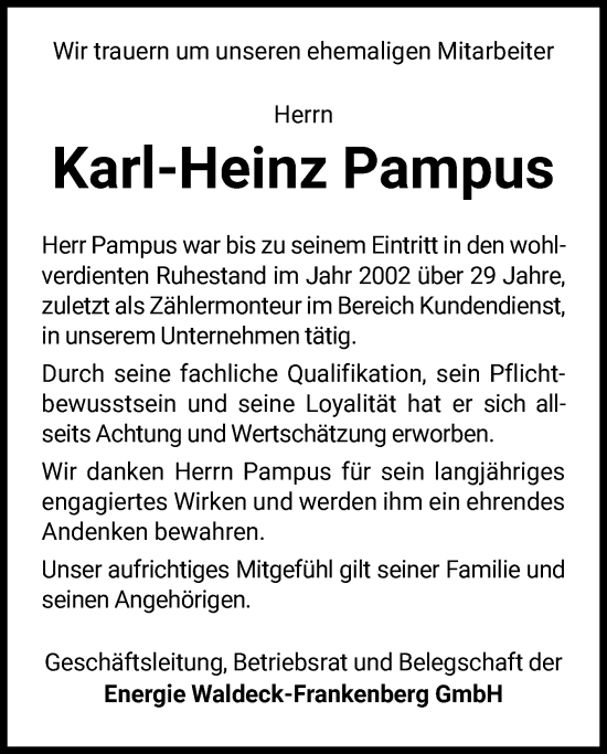 Traueranzeige von Karl-Heinz Pampus von WLZ