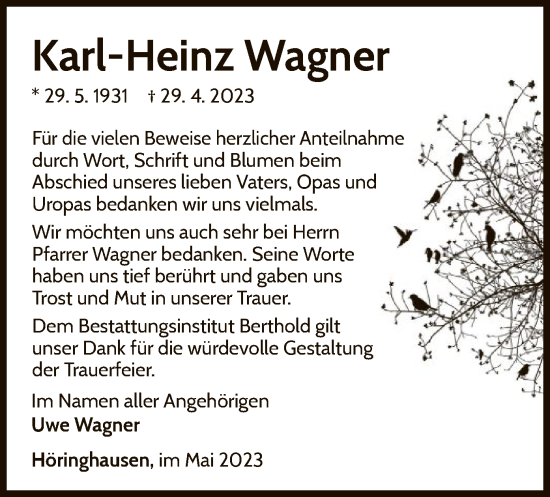 Traueranzeige von Karl-Heinz Wagner von WLZ