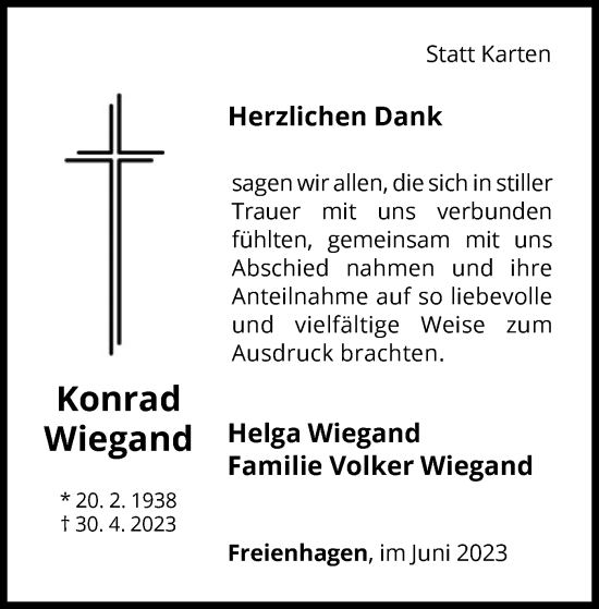 Traueranzeige von Konrad Wiegand von WLZ