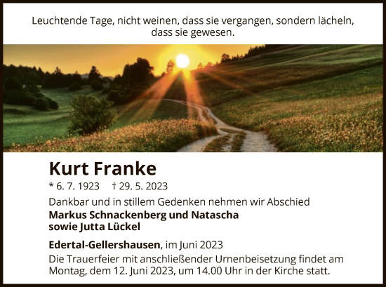 Traueranzeige von Kurt Franke von WLZ