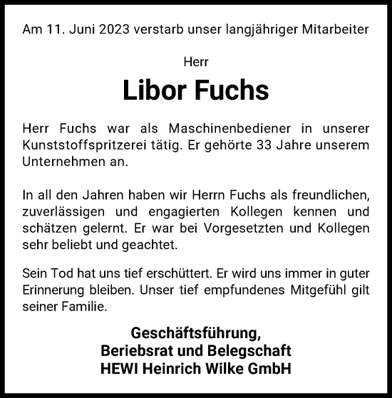Traueranzeige von Libor Fuchs von WLZ