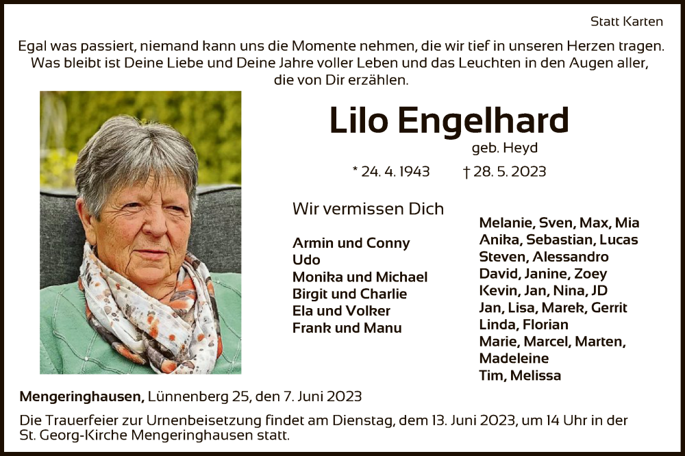  Traueranzeige für Lilo Engelhard vom 07.06.2023 aus WLZ