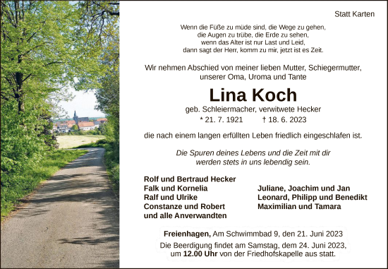 Traueranzeige von Lina Koch von WLZ