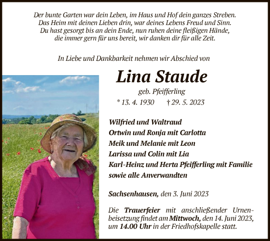 Traueranzeige von Lina Staude von WLZ