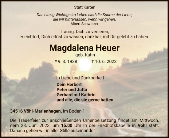 Traueranzeige von Magdalena Heuer von WLZ