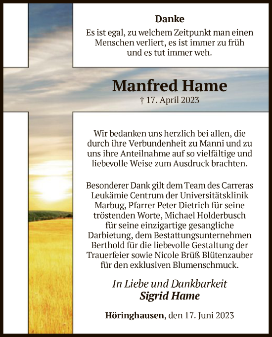 Traueranzeige von Manfred Hame von WLZ