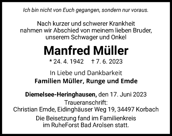 Traueranzeige von Manfred Müller von WLZ