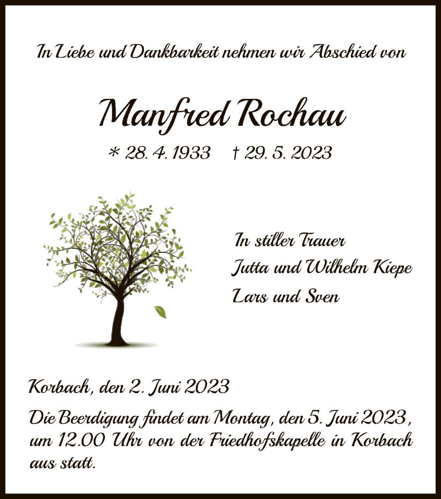  Traueranzeige für Manfred Rochau vom 02.06.2023 aus WLZ
