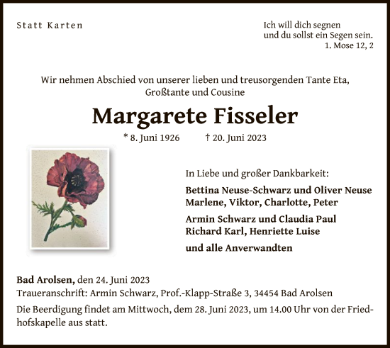 Traueranzeige von Margarete Fisseler von WLZ