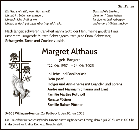 Traueranzeige von Margret Althaus von WLZ