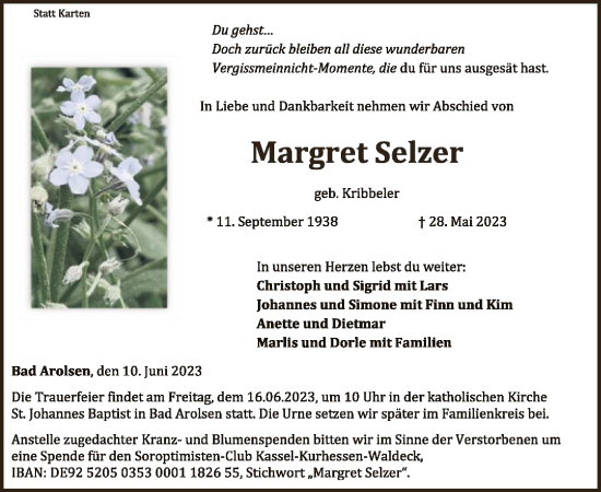 Traueranzeige von Margret Selzer von WLZ