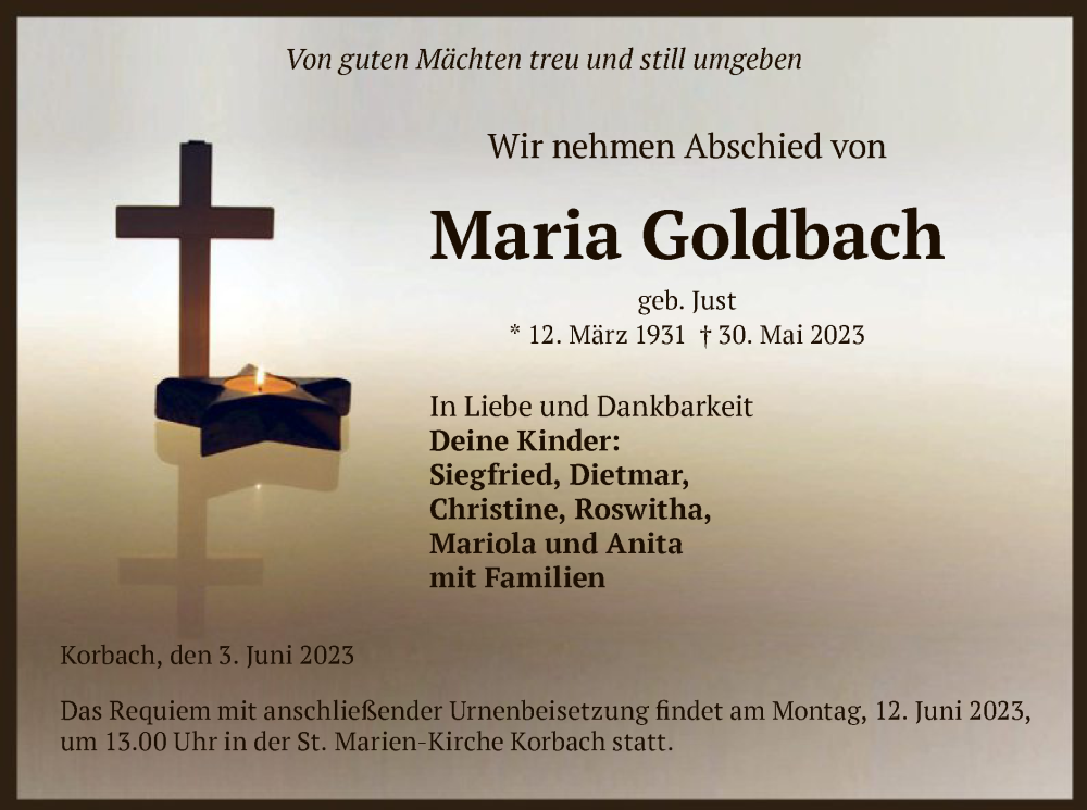  Traueranzeige für Maria Goldbach vom 03.06.2023 aus WLZ