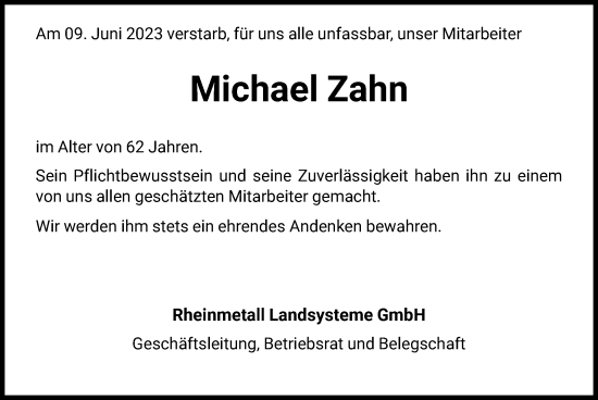 Traueranzeige von Michael Zahn von HNA