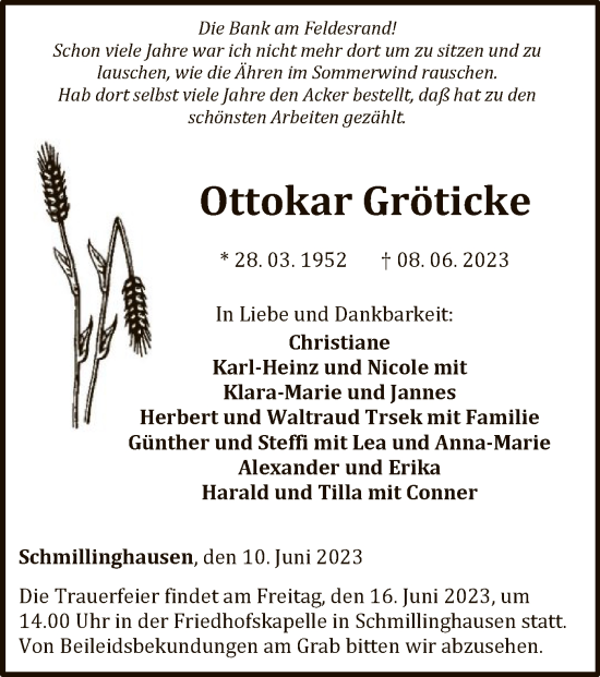 Traueranzeige von Ottokar Gröticke von WLZ