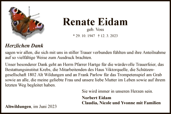 Traueranzeige von Renate Eidam von WLZ