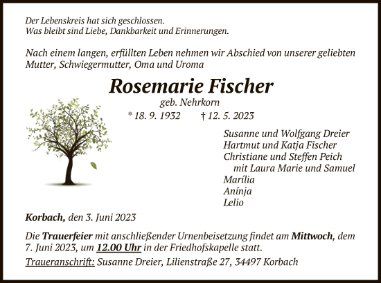 Traueranzeige von Rosemarie Fischer von WLZ
