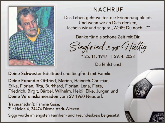 Traueranzeige von Siegfried Hüttig von WLZ