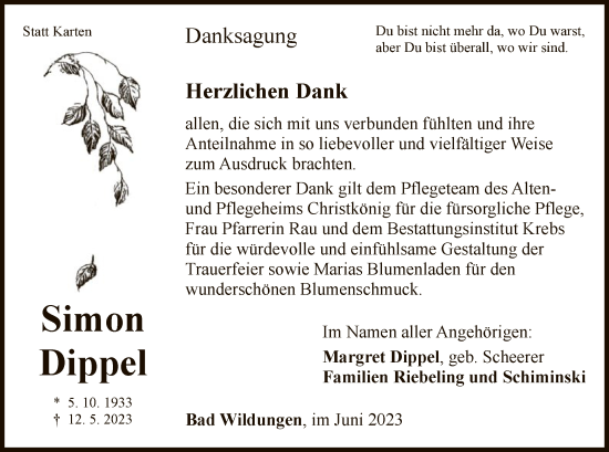 Traueranzeige von Simon Dippel von HNA