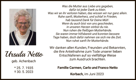Traueranzeige von Ursula Netto von WLZ