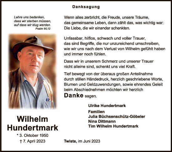 Traueranzeige von Wilhelm Hundertmark von WLZ