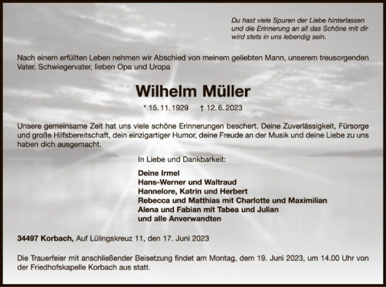 Traueranzeige von Wilhelm Müller von WLZ