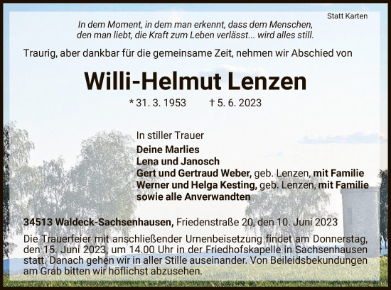 Traueranzeige von Willi-Helmut Lenzen von WLZ